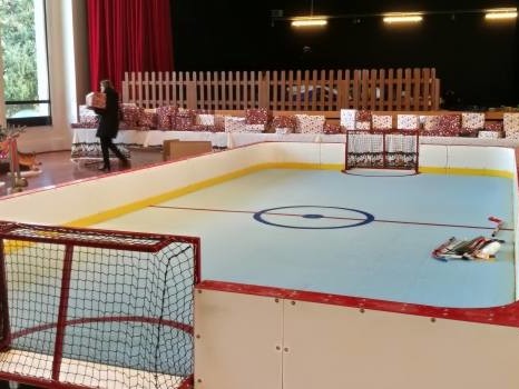 Cette petite patinoire synthétique est parfaite pour proposer une activité de hockey lors de vos événements d'entreprise comme les arbres de Noël.
